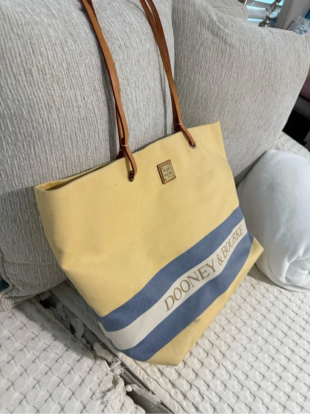 Dooney & Bourke Yellow Canvas Tote with Blue & Cream Stripes